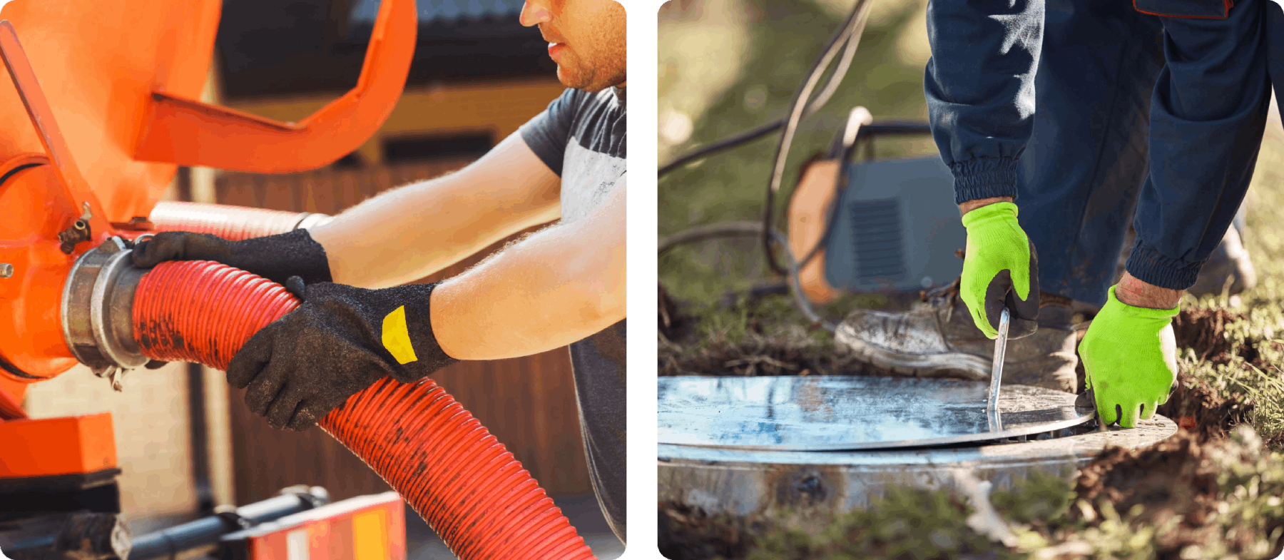 Two images: Left shows a person handling a large orange hose, right shows a person in green gloves working near a manhole cover.