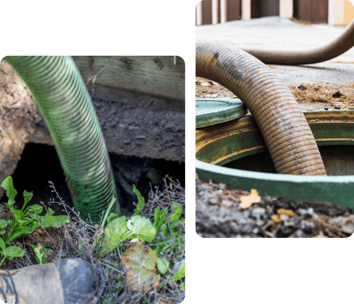 Two images show hoses inserted into the ground and a septic tank, with surrounding soil and greenery visible.