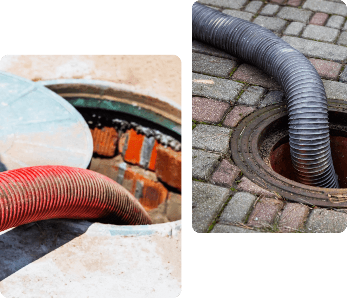 Two images of industrial hoses in manholes: one red in a concrete cover, and one gray in a stone-paved area.