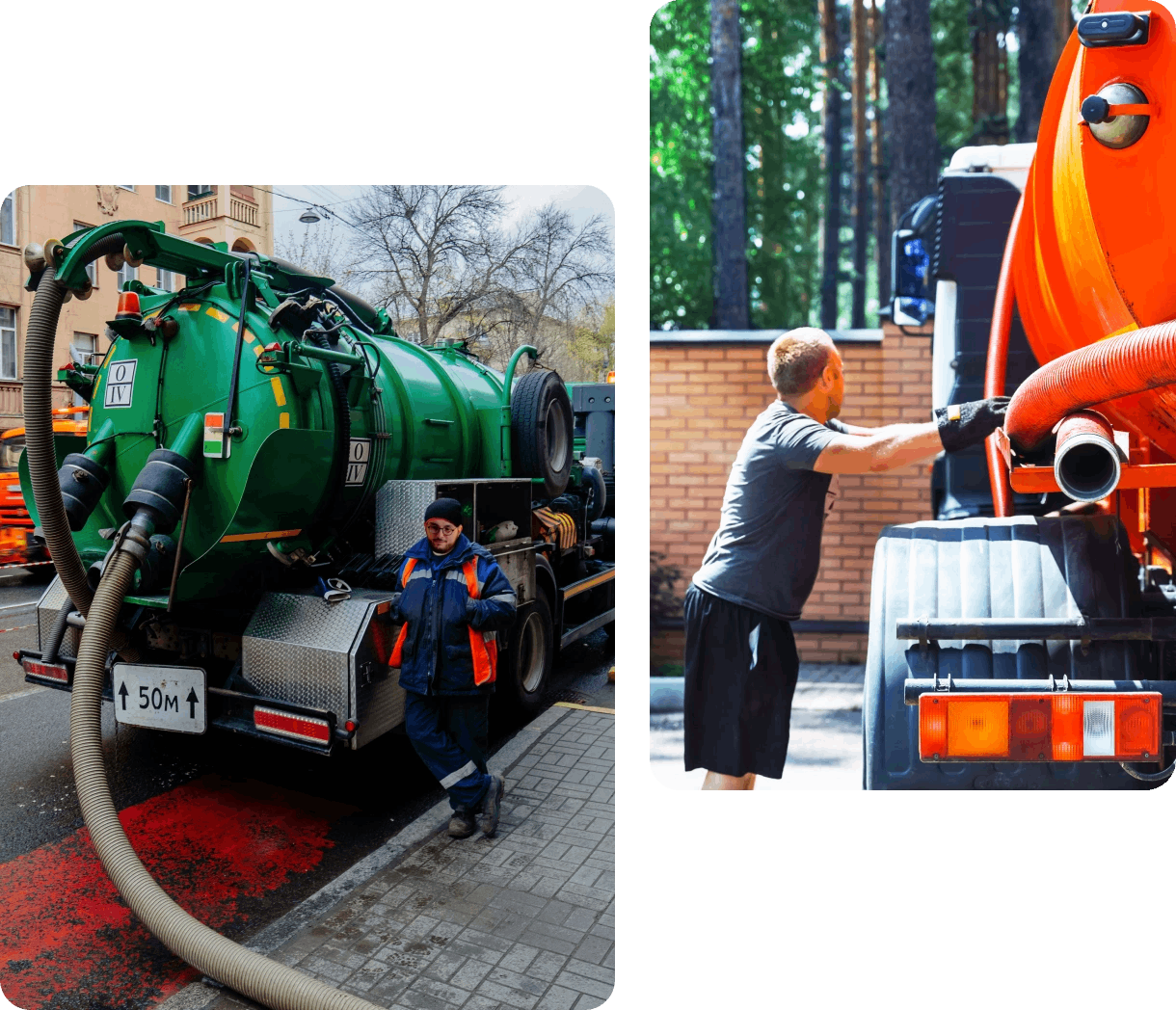 Two images show people working with sewage vacuum trucks: the first with a green truck in an urban setting, the second with a red-orange truck in a wooded area.