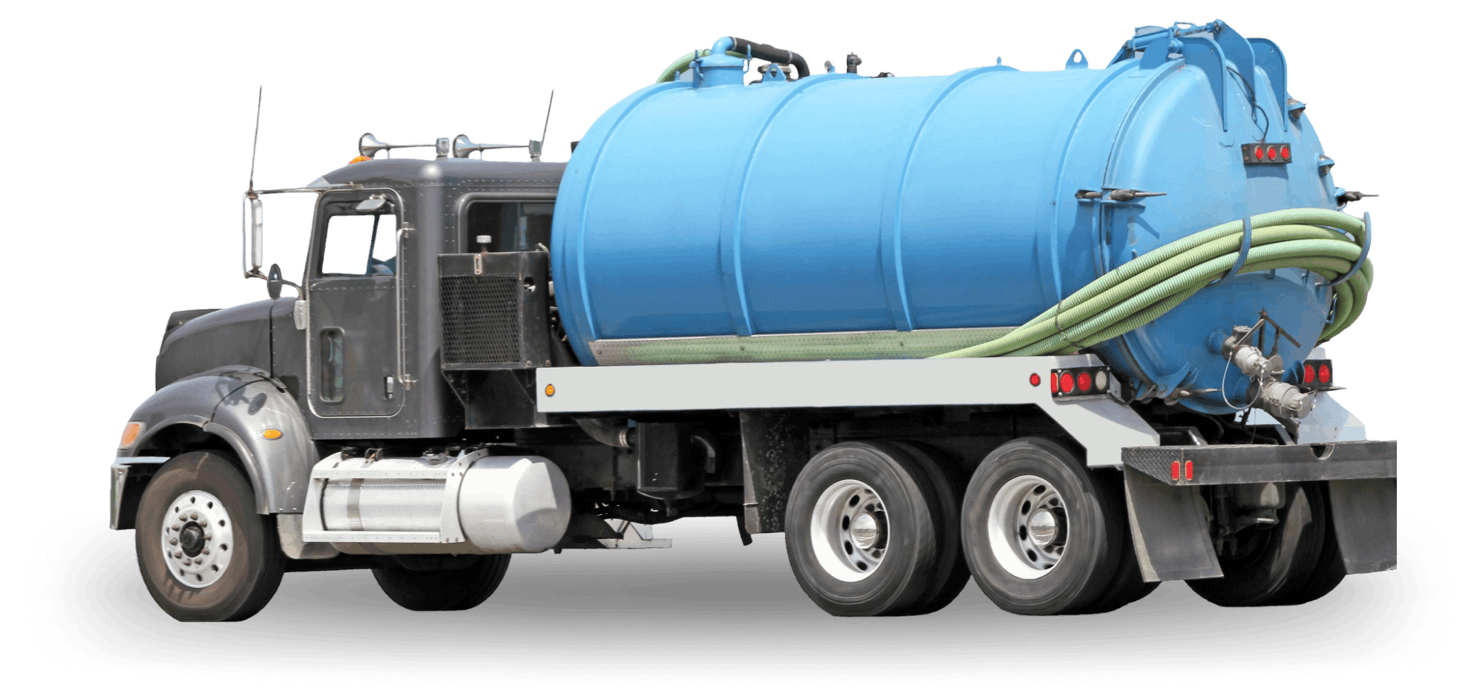 A black vacuum truck with a large blue tank and hoses is parked on a clear background.