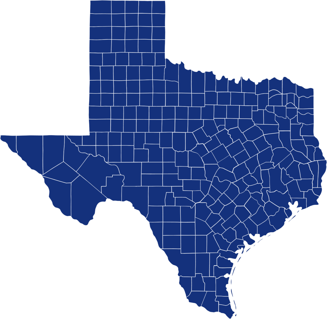 A blue silhouette of the U.S. state of Texas on a green background.